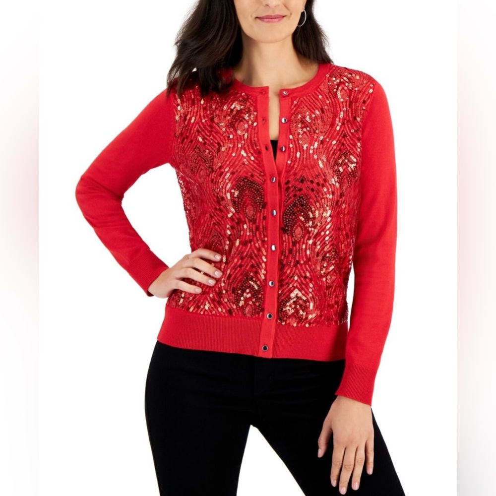 JM Collection Red Sequin Cardigan Sweater